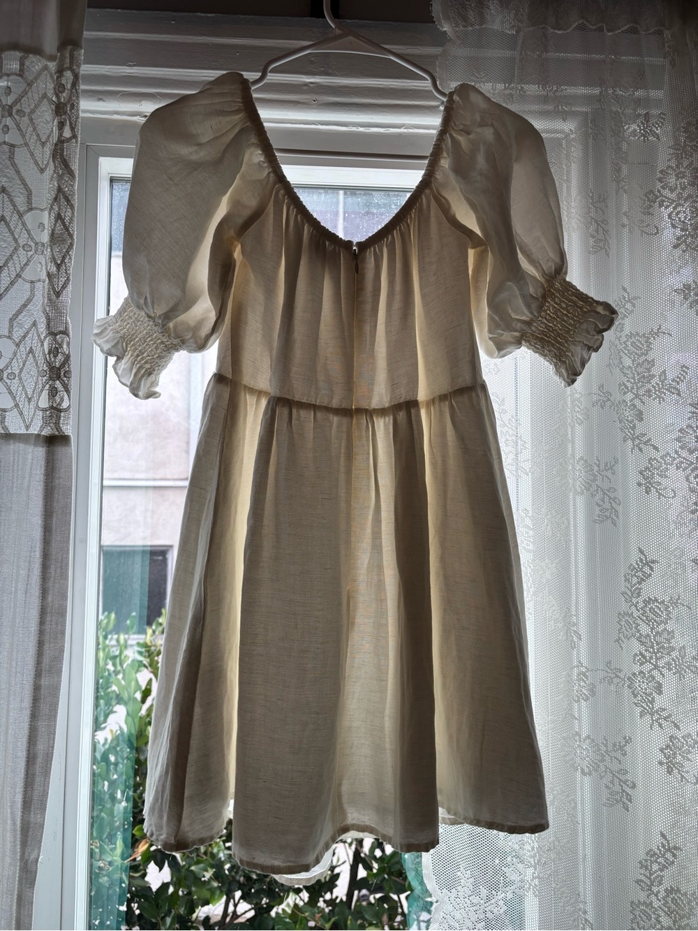 Linen Sabo Skirt Dress Puff Sleeve - Picture 2 of 11